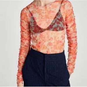 Zara sheer floral mesh organza blouse size medium